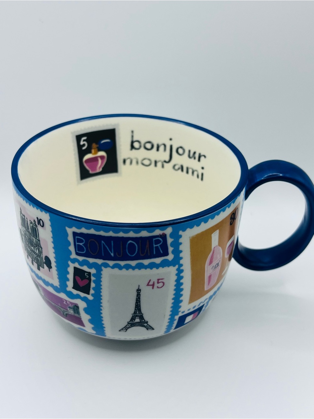Anthropologie Bonjour Paris Bon Ami Coffee Postage Stamp Mug